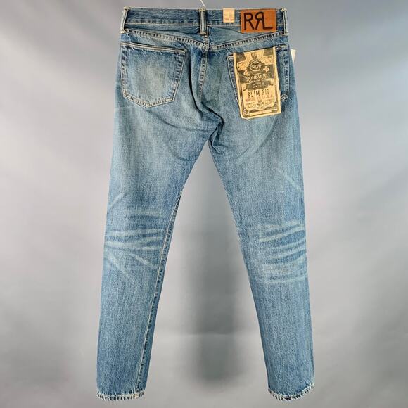 RRL by RALPH LAUREN Size 29 Blue Cotton Distressed Straight Button Fly Jeans - Picture 2 of 10